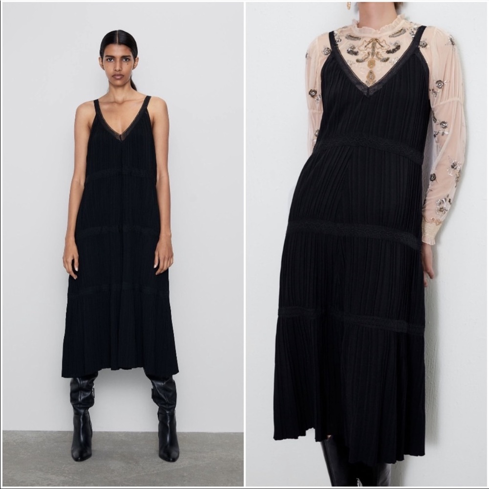 NWT ZARA Black Knit Dress with Lace Details Med